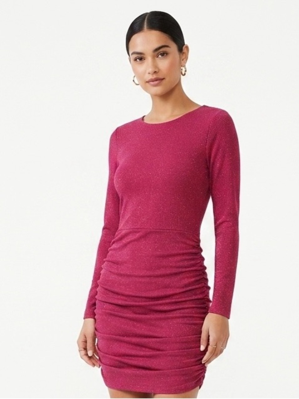 Mi Ami,  Sparkle Ruched Long Sleeve Dress in Red - M